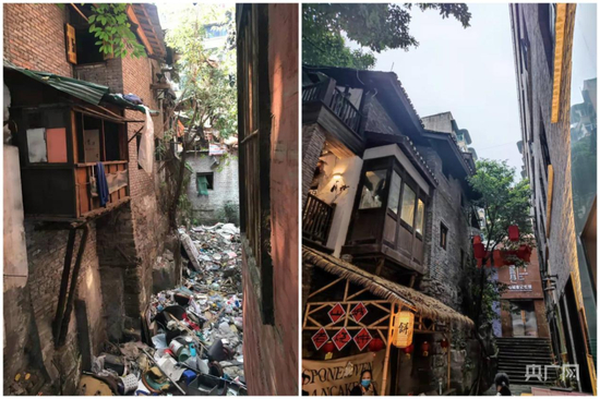 修复前的山城巷（左）和2021年修复后的山城巷（右）（央广网发 渝中区住建委供图）