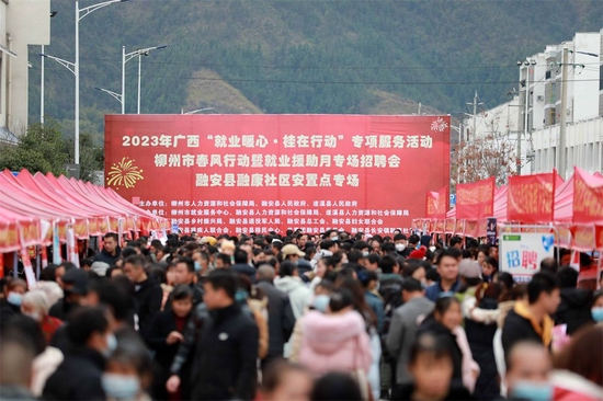 在广西融安县易地扶贫安置点融康社区，求职者寻找工作岗位（2月10日摄）。新华社记者 黄孝邦 摄