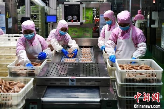 6月20日，在福州新区元洪投资区，福建御冠食品有限公司员工在食品生产线上作业。由印尼华侨投资的福州元洪投资区是中国第一个华侨合作开发区。　中新社记者 张斌 摄