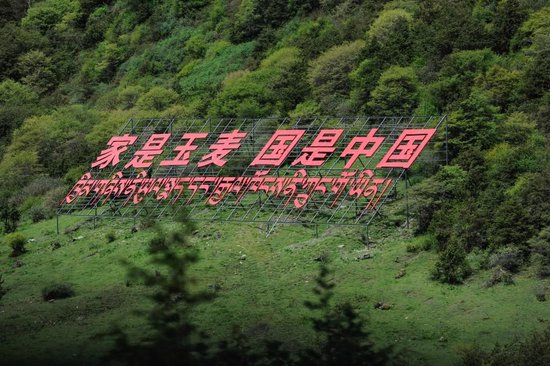 玉麦乡山坡上的标语（2022年6月1日摄）。新华社记者 张汝锋 摄