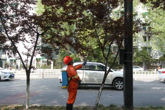 为植物喷洒药物的环卫工人