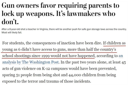 △约翰·考克斯在《华盛顿邮报》发文称，对于学生来说，政府不作为的后果是可怕的。有分析显示，如果6岁儿童无法获得枪支，那么美国自1999年以来发生的校园枪击案中有半数以上就不会发生。