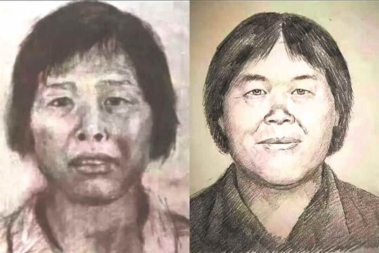 左为广州警方公布模拟画像，右为画像专家林宇辉绘制