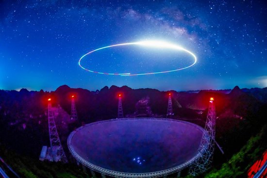 2022年8月7日拍摄的银河下的“中国天眼”全景（无人机光绘照片）。新华社记者欧东衢 摄