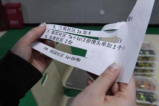 河北省承德市滨河社区老年食堂工作人员查看送餐单（2021年12月16日）。新华社记者 朱旭东摄