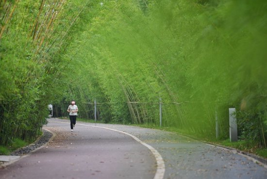 在四川省宜宾市江安县长江竹岛，市民在由河中村改造成的绿色生态公园里跑步（2023年5月31日摄）。新华社记者 刘坤 摄