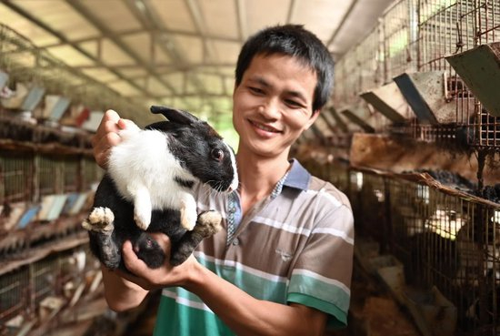 涂银春在展示他养殖的兔子（2020年8月21日摄）。涂银春曾是福建省长汀县涂坊镇的建档立卡贫困户。他2013年开始试养兔子，2016年在镇村干部鼓励和支持下参加专业技能培训，并通过小额信贷扩大生产，成功脱贫。新华社记者 林善传 摄