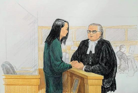 　12月10日，关于孟晚舟的第二场保释听证会法庭现场绘画实录。图/视觉中国