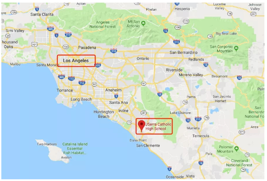 JSerra高中位于洛杉矶市东南部（图片来源：谷歌地图）