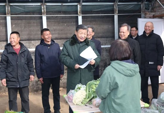 2024年2月1日至2日，习近平来到天津，看望慰问基层干部群众。图为1日上午，习近平在西青区辛口镇第六埠村实地察看去年洪涝灾害后当地农业生产恢复等情况时，走进大棚同菜农亲切交流。新华社记者 鞠鹏 摄