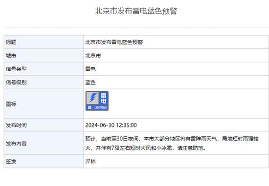北京市发布雷电蓝色预警