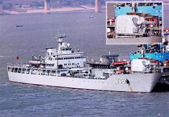 　　▲资料图片：2018年2月网上流出的中国海军首艘舰载电磁炮试验舰“海洋山”号照片，可见舰艏安装了一座大型电磁炮炮塔。（图片来源于网络）