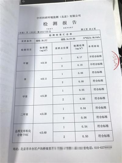 检测报告显示，甲醛超标近一倍。受访者供图
