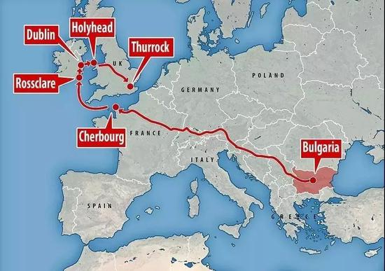  英国媒体梳理的牵引车头进入英国的路线。