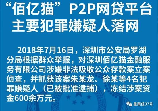 ▲深圳市公安局经济犯罪侦查局通报“佰亿猫”案。 微信截图