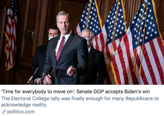 ▲参议院共和党人接受了拜登的胜利，“每个人都该向前看了”。politico报道截图