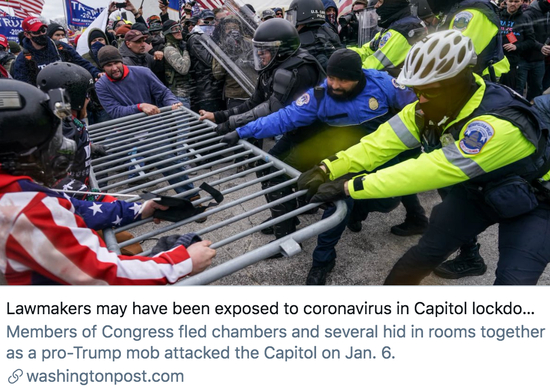 国会暴乱期间，议员们可能在暴露新冠病毒环境中。/&nbsp;《华盛顿邮报》报道截图