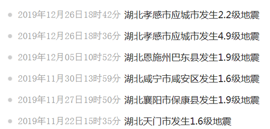 图为近一个月来，湖北省内部分地震情况&nbsp;湖北省地震局官网截图