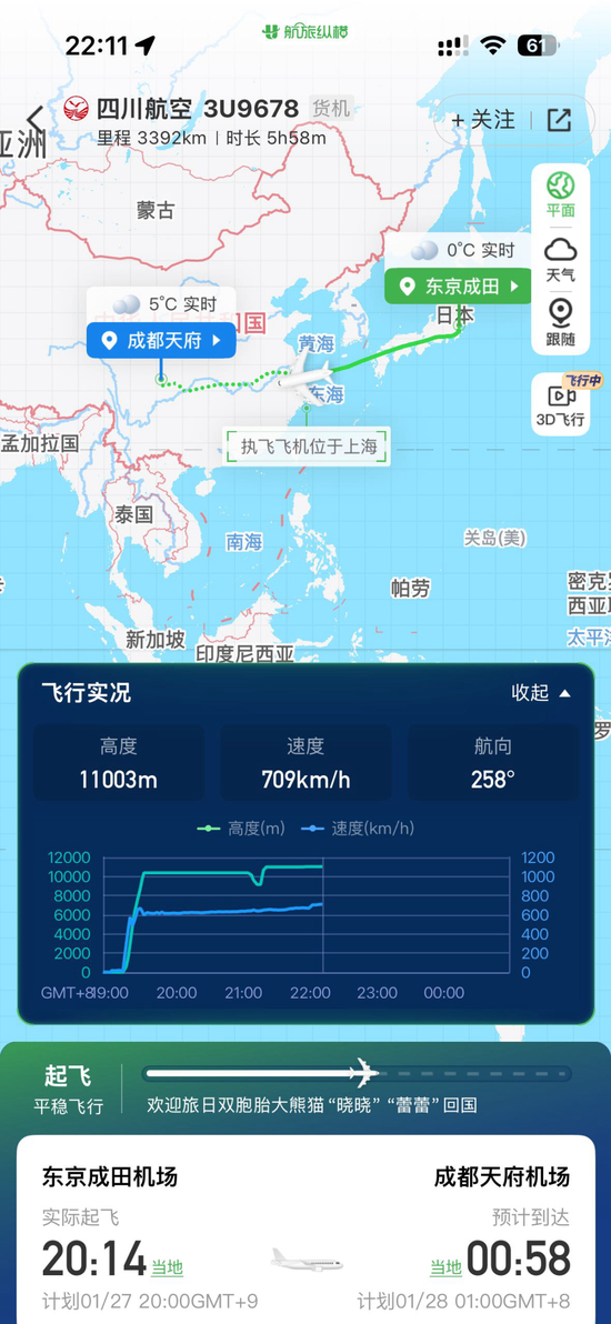 旅日大熊猫航班飞抵上海上空