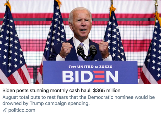  拜登公布了8月筹款活动总金额。/&nbsp;美国政治新闻网站politico报道截图