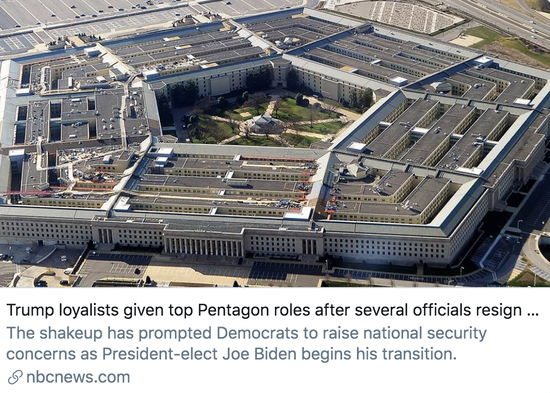　　美国国防部长埃斯珀被解雇后，几名高官相继离职，特朗普支持者担任了五角大楼高级职位。/&nbsp;美国全国广播公司报道截图