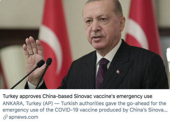 土耳其批准紧急使用中国科兴疫苗。/&nbsp;美联社报道截图