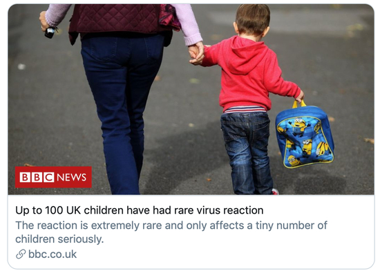 “英国超过100名儿童出现罕见新冠病毒反应”。/BBC报道截图