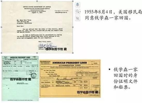  △钱学森一家回国时的身份证明文件和船票。