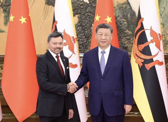 5月12日下午，国家主席习近平在北京人民大会堂会见来华进行正式访问的文莱王储比拉。新华社记者 黄敬文 摄