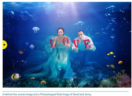 两位新人在拍水下婚纱照。图片来源：卫报网站报道截图