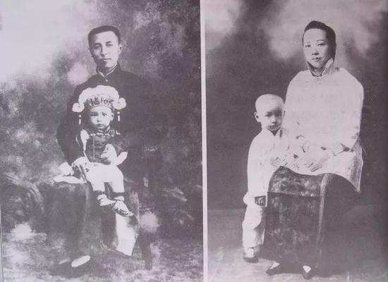 △1911年12月11日，钱学森出生于书香门第。长辈的言传身教，为他成才打下了良好的基础。图为钱学森儿时分别与父亲钱均夫、母亲章兰娟的合影。