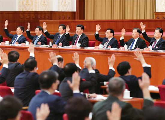 中国共产党第十九届中央委员会第四次全体会议，于2019年10月28日至31日在北京举行。这是习近平、李克强、栗战书、汪洋、王沪宁、赵乐际、韩正等在主席台上。 新华社记者 申宏/摄