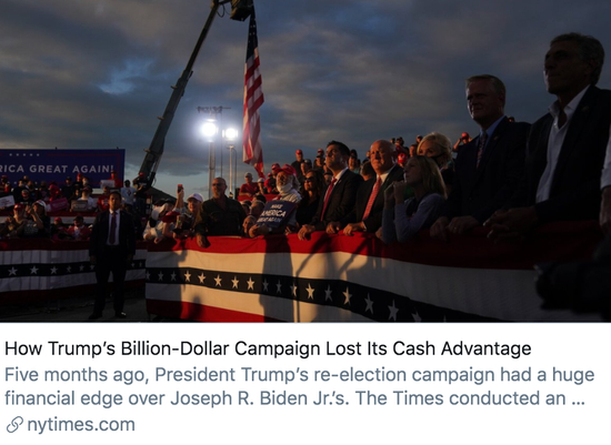  特朗普数十亿美元的竞选资金是如何失去优势的？/&nbsp;《纽约时报》报道截图