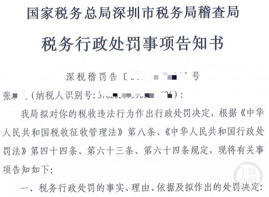 深圳市税务局稽察局对张某某发布处罚申诉书。官网截图