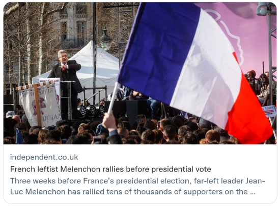  2022年3月，法国极左翼政党“不屈法国”党候选人让-吕克·梅朗雄举行竞选集会。&nbsp; 社交媒体截图
