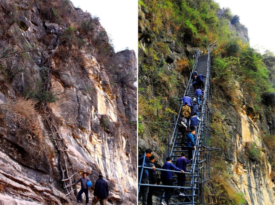 　　拼版照片：左图为2013年2月22日拍摄的四川省凉山彝族自治州昭觉县“悬崖村”阿土勒尔村的藤梯；右图为2016年11月29日，在四川省凉山彝族自治州昭觉县，人们沿着刚建好的钢梯登上“悬崖村”。新华社发（阿克鸠射 摄）