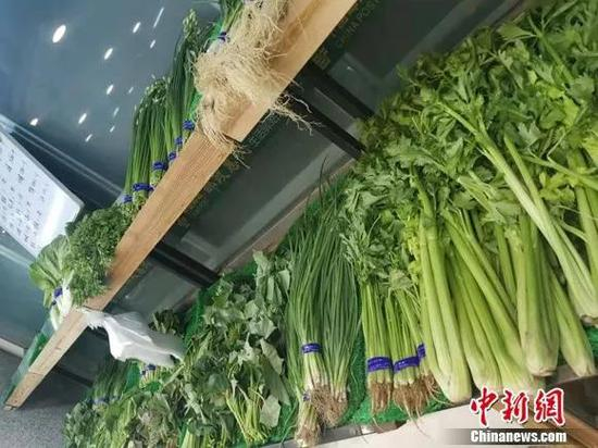 图为北京一家社区超市里的摆放的叶菜。谢艺观 摄