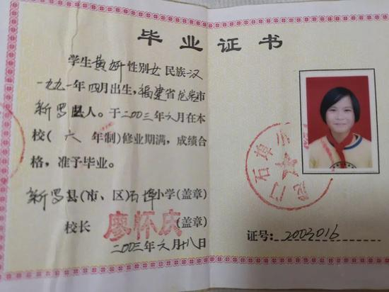  2003年“非典”结束后，黄妍如期小学毕业。