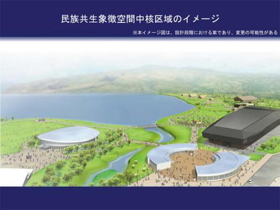 图为正在建设的北海道白老的阿依努民族综合文化区的效果图，本文图片由作者收集，下同