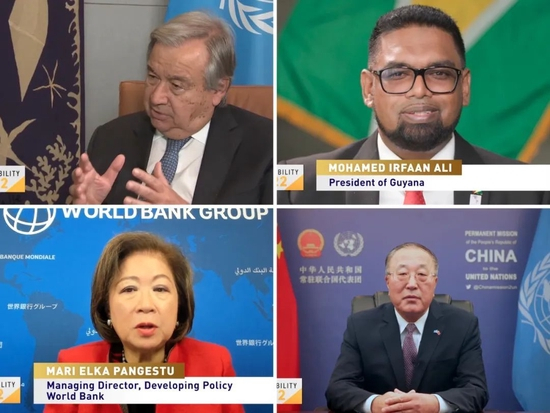 左上联合国秘书长古特雷斯&nbsp;右上圭亚那总统穆罕默德·伊尔法恩·阿里&nbsp;左下世界银行常务副行长冯慧兰&nbsp;右下中国常驻联合国大使张军
