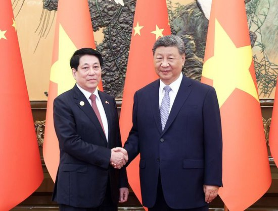 9月4日上午，国家主席习近平在北京人民大会堂会见来华出席纪念中国人民抗日战争暨世界反法西斯战争胜利80周年活动的越南国家主席梁强。新华社记者 刘卫兵 摄