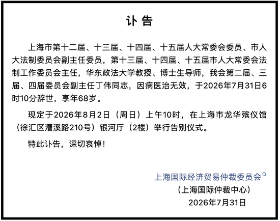 华东政法大学教授丁伟去世，享年68岁