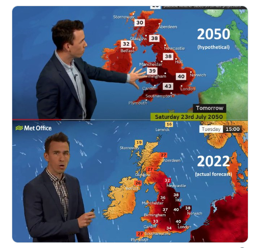 上图：英国2050年气温预估；下图：英国本周实际天气预报。图源：twitter