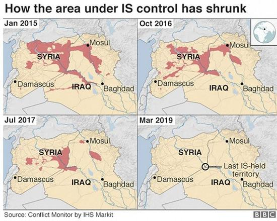 ISIS占领地对比。图片来源：BBC