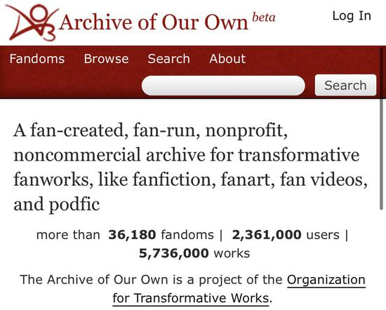 △ AO3 官网首页的介绍。图片来源 | AO3 官网