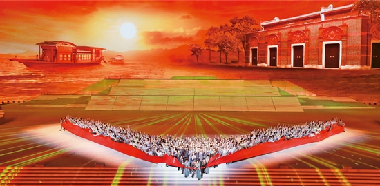 2021年6月28日晚，庆祝中国共产党成立100周年文艺演出《伟大征程》在国家体育场盛大举行。戏剧与舞蹈《破晓》，再现了近代以后中华民族饱经磨难，无数仁人志士前赴后继寻找救国救民真理，直到1921年中国共产党诞生，中国革命的面貌焕然一新。 新华社记者 庞兴雷/摄