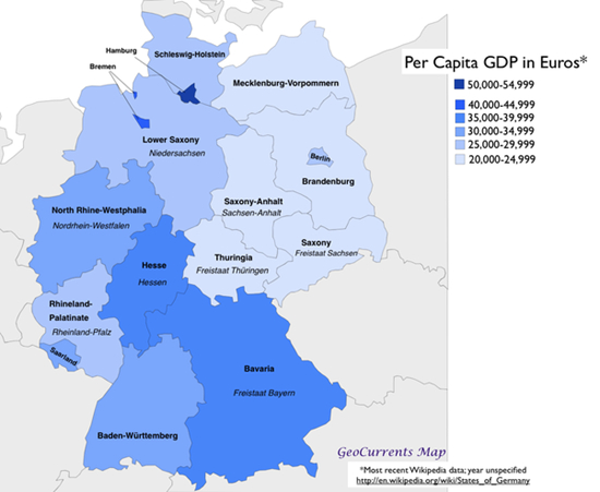 　　如今，东西德依然有很明显的贫富差距，东德四个大州的人均GDP明显低于西德（德国联邦统计局2016年数据）
