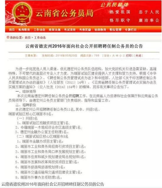 云南省德宏州2016年面向社会公开招聘聘任制公务员的公告