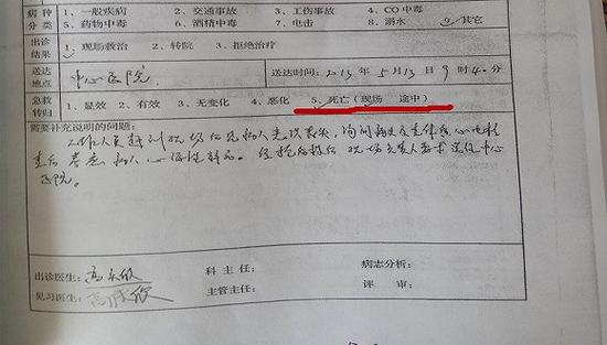 　　（图片说明：吴忠萍提供的出诊病志复印件显示，吴忠锐为现场死亡，并有出诊医生签字）