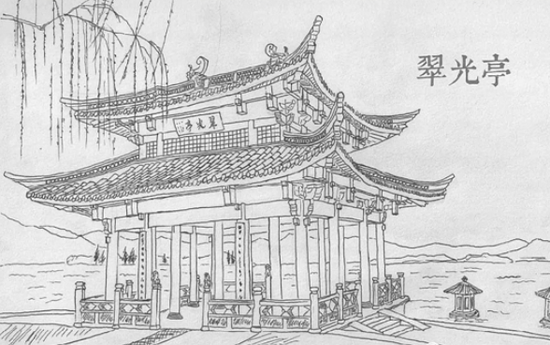 远方手绘的亭子